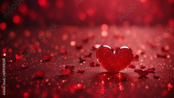 Fototapeta Red glossy heart on bokeh background with red sparkles. Abstract holiday background of falling red sparkles. Valentine's Day
