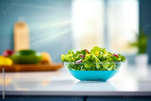Obraz A bowl of fresh salad stand on the kitchen counter in natural light.