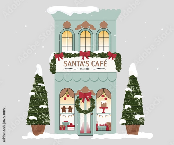 Obraz Blue Santa's Cafe, Christmas House with Decor, Premium Vector