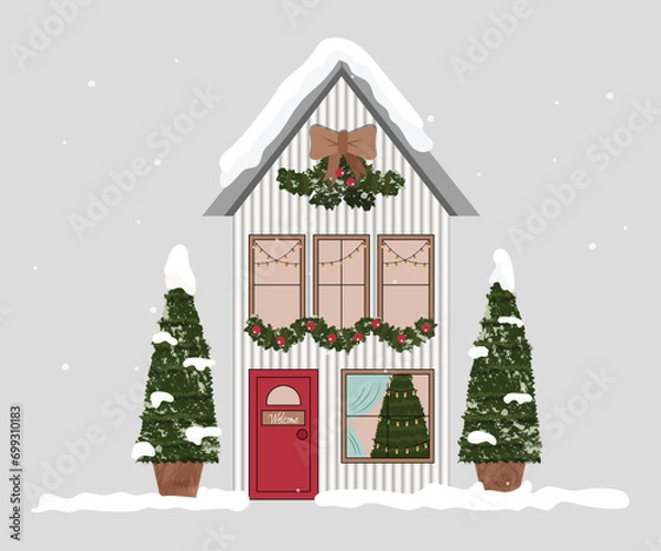 Obraz White Christmas House, Snowfall, Christmas Scenery, Premium Vector