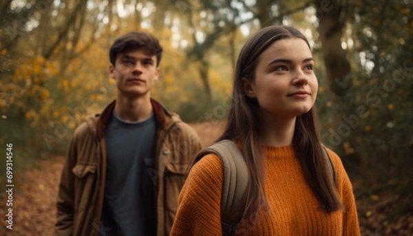 Fototapeta Young couple in autumn forest, smiling, enjoying nature and togetherness generated by AI