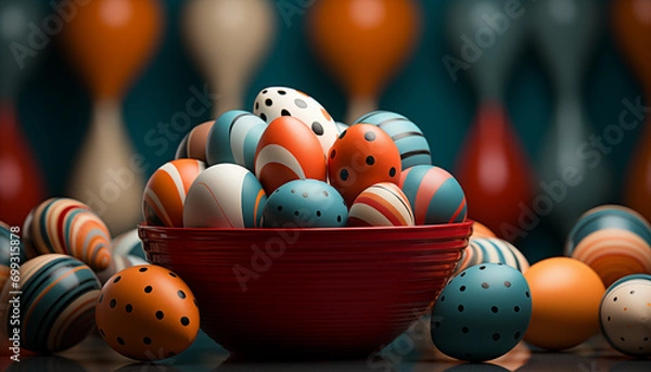 Fototapeta Modern Decorative Easter Eggs in a Red Bowl Modern Design AI Generated 