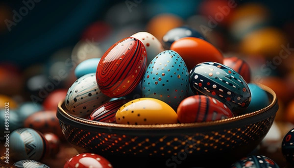 Fototapeta Decorative Bowl Filled with Intricately Designed Eggs Glossy finish Blurred Background AI Generated 