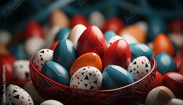Fototapeta Vibrantly Colored Easter Eggs in a Red Woven Basket Blurred background aesthetically pleasing depth effect Glossy Finish AI Generated