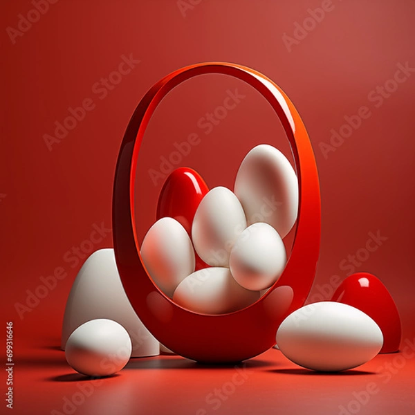 Fototapeta Collection of smooth, shiny objects eggs against a vibrant red background Minimalist Easter Decoration AI Generated