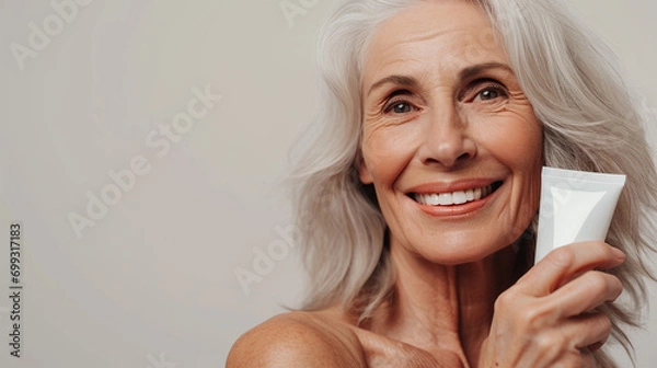 Obraz Close up portrait of attractive senior woman with rejuvenating skin care cream
