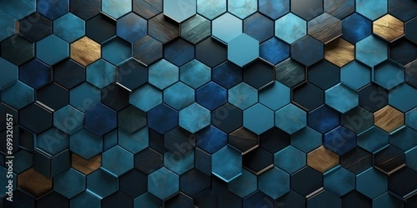Fototapeta black hexagonal background, in the style of multi-layered geometry, dark azure, recycled, volumetric lighting