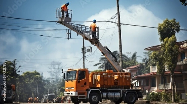 Fototapeta Electrican man repair cable line and transformator on pillow