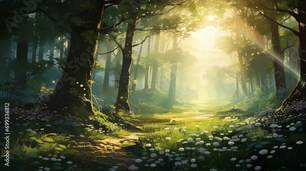 Fototapeta Enchanted Spring Morning: Gentle Stream Through a Blooming Forest, Generative AI illustration