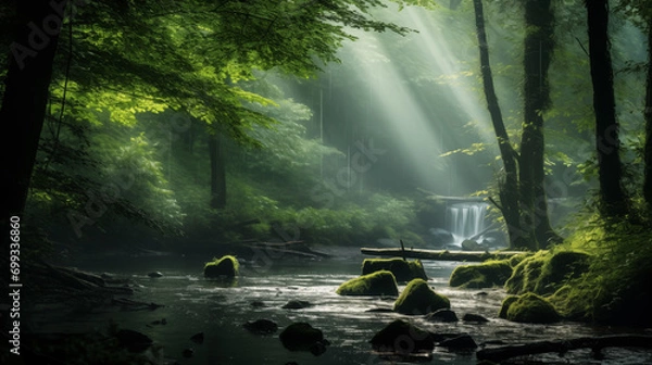 Fototapeta Enchanted Spring Morning: Gentle Stream Through a Blooming Forest, Generative AI illustration