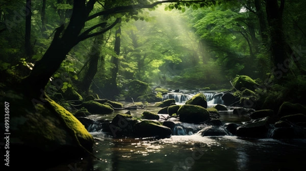 Fototapeta Enchanted Spring Morning: Gentle Stream Through a Blooming Forest, Generative AI illustration