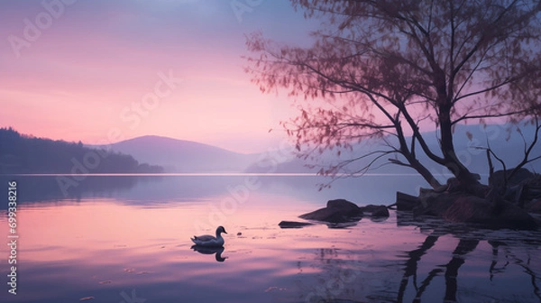 Fototapeta Serene Dawn on Swan Lake: Springtime Reflections, Generative AI illustration