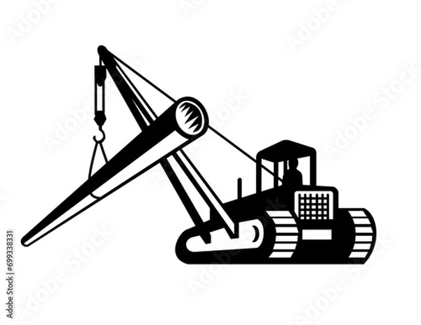 Obraz Mascot illustration of a digger excavator with boom crane laying pipe viewed from side in low angle on isolated background done black and white retro style.
