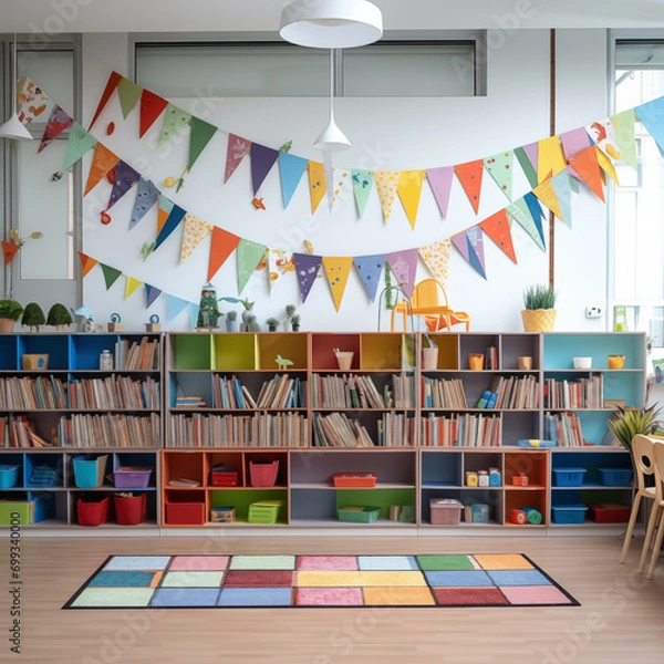 Fototapeta Festival triangle flags decorations in the primary school