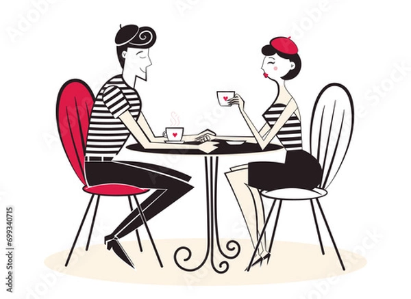 Fototapeta Retro hand drawn people characters, flirting mime couple in cafe drinking coffee. Valentine's Day characters in style of 60's-70's. 