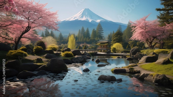 Fototapeta Spring Serenity at Dawn by the Mountain Lake, Generative AI illustration
