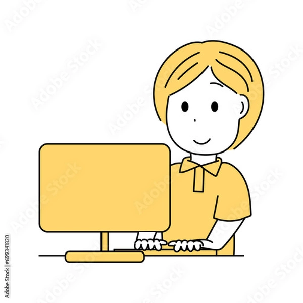 Fototapeta 半袖のシャツを着た女性がノートパソコンを操作しているイラスト
