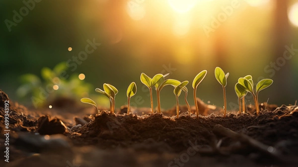 Fototapeta New Beginnings: Young Seedlings Thriving in Spring Rain, Generative AI illustration