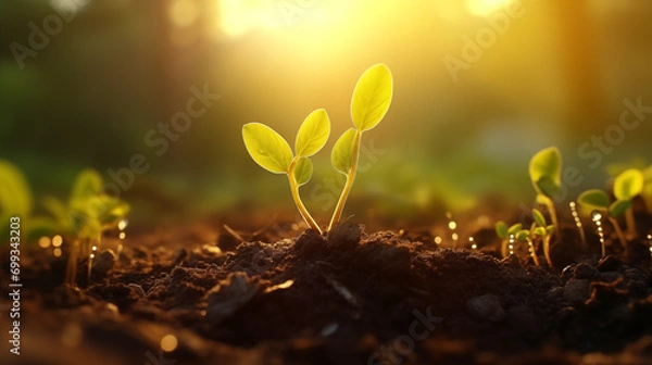 Fototapeta New Beginnings: Young Seedlings Thriving in Spring Rain, Generative AI illustration