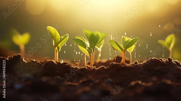 Fototapeta New Beginnings: Young Seedlings Thriving in Spring Rain, Generative AI illustration