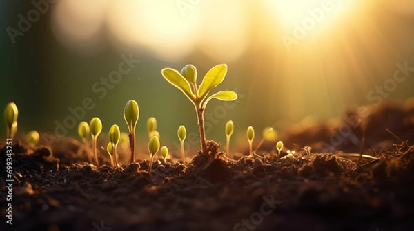 Fototapeta New Beginnings: Young Seedlings Thriving in Spring Rain, Generative AI illustration