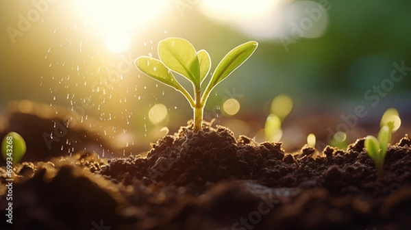 Fototapeta New Beginnings: Young Seedlings Thriving in Spring Rain, Generative AI illustration