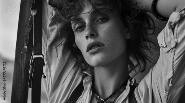 Obraz B&W portrait of fashion model in haute couture leather jacket and outfit. on location editorial magazine shoot.