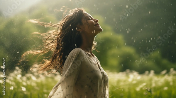 Fototapeta Joyous Dance: Woman Embracing the Spring Rain, Generative AI illustration.