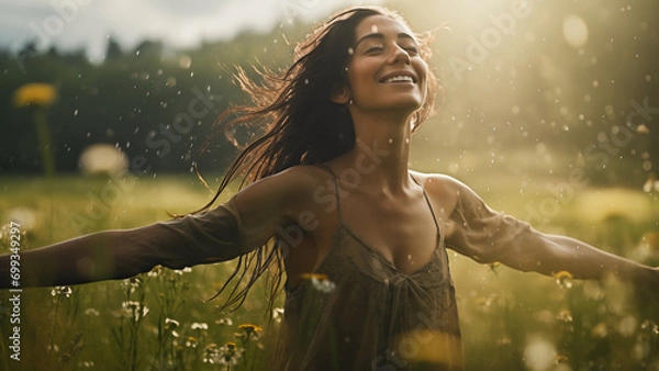 Fototapeta Joyous Dance: Woman Embracing the Spring Rain, Generative AI illustration.