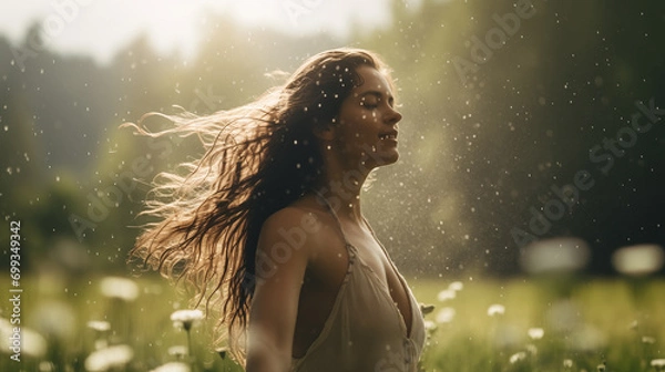 Fototapeta Joyous Dance: Woman Embracing the Spring Rain, Generative AI illustration.