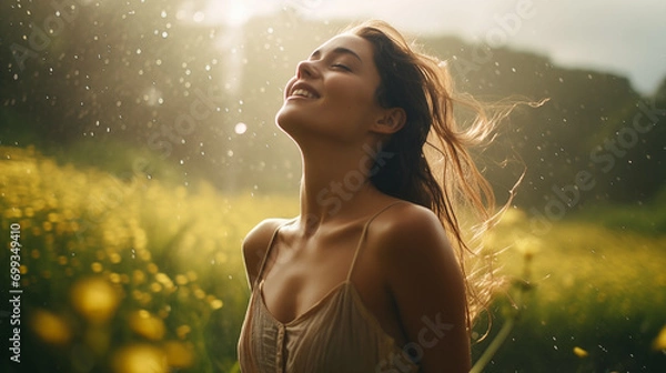 Fototapeta Joyous Dance: Woman Embracing the Spring Rain, Generative AI illustration.