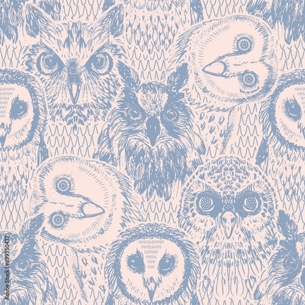 Fototapeta Hand drawn pattern of owl heads of various types in pastel blue tones. Vector illustration. Surface pattern design, perfect for textiles, wallpaper, office supplies, packaging design, home and garden