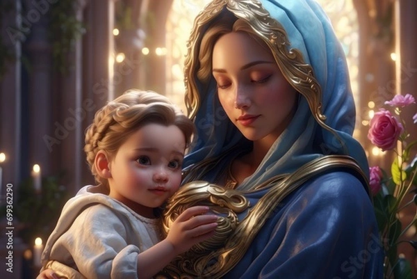 Obraz Holy Mary holding baby Jesus Christ in her arms. Graphic representation