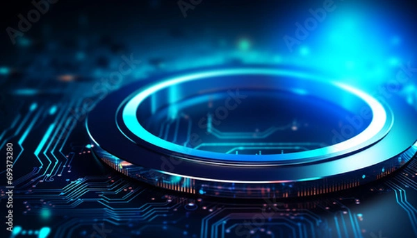 Fototapeta Blue computer chip glows, powering modern technology generated by AI