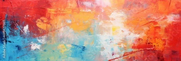 Obraz Abstract colorful oil painting on canvas. Oil paint texture with brush and palette knife strokes. Multi colored wallpaper. Macro close up acrylic background. Modern art concept. Horizontal fragment.