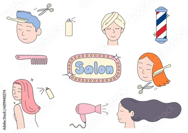 Fototapeta Set of beauty salon shops. hairdresser element vector icon. outline art and hand-drawn-style vector illustrations.