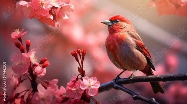 Fototapeta vibrant nature: bright red bird with pinky beaks perched on twig in lavender flower field