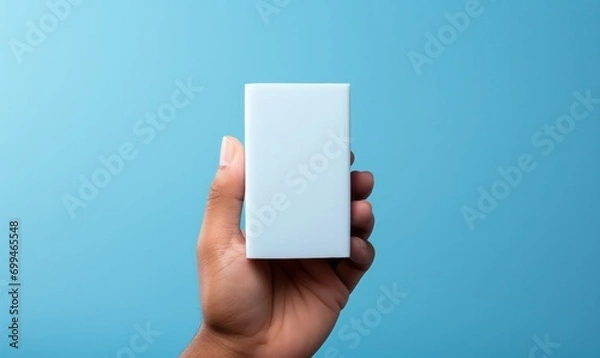 Fototapeta Hand holding small white rectangular box on blue background