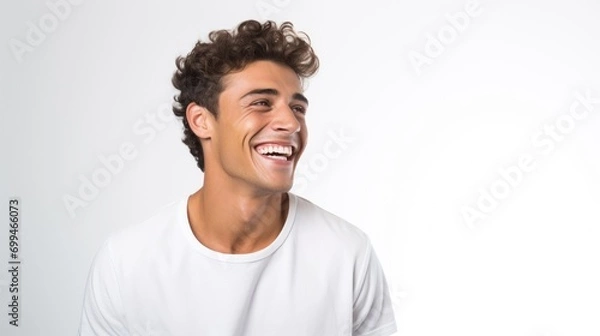 Fototapeta A professional portrait studio photo of a handsome young white american man model with perfect clean teeth laughing and smiling. isolated on white background