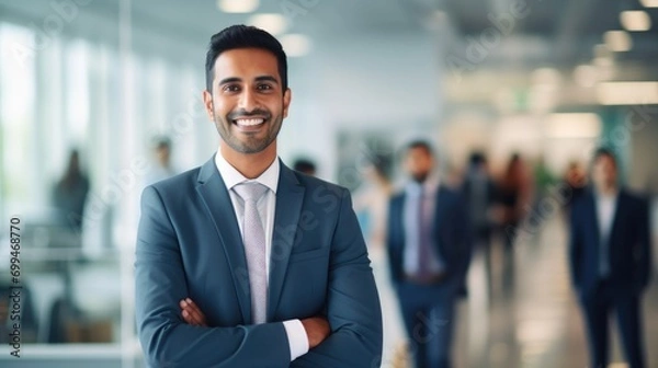 Fototapeta Portrait of a handsome smiling asian indian businessman boss in a suit standing in his modern business company office. his workers standing in the blurry background