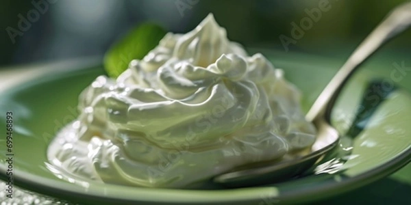 Fototapeta A green plate topped with whipped cream and a spoon. Perfect for food blogs and recipe websites