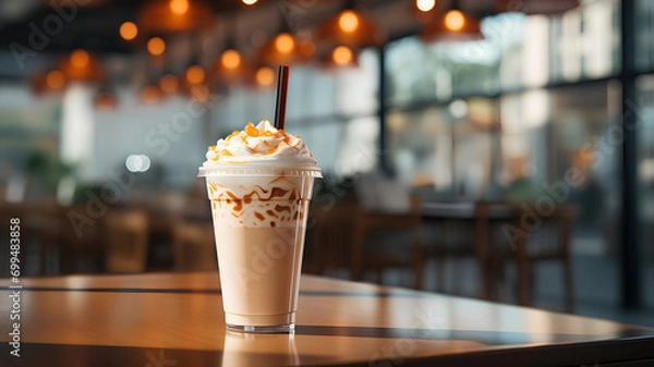 Fototapeta Plastic transparent coffee cup on wooden table in the bar. Coffee cup with straw on the table in the bar.