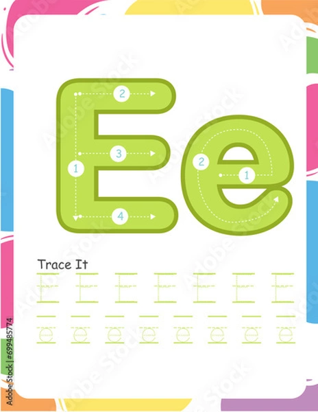 Fototapeta Letter E uppercase and lowercase tracing practice Worksheet for kindergarten and preschool. Exercises for children