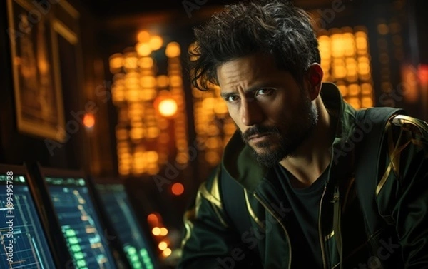 Fototapeta Serious  guy posing in front of laptop with disheveled hair and dark hoodie