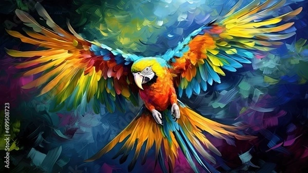 Obraz oil painting style illustration, macaw bird flying in tropical jungle ,cute and adorable wildlife, idea for wall art decor and background wallpaper, Generative Ai