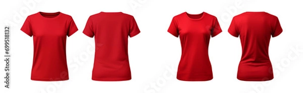 Fototapeta realistic set of female red t-shirts mockup front and back view isolated on a transparent background, cut out