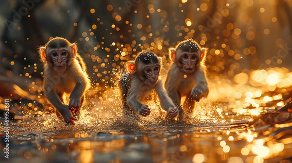 Fototapeta Monkey family running out from the wild, blured background with gold light, fantacy concept for year of monkey,