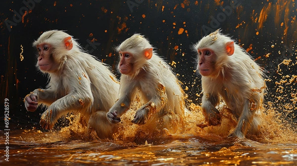Fototapeta Monkey family running out from the wild, blured background with gold light, fantacy concept for year of monkey,