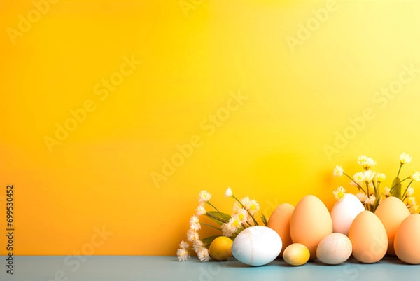 Fototapeta Easter background with colored eggs on a yellow background. Happy Easter concept with eggs and spring flowers.