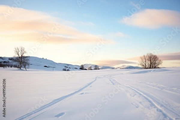 Fototapeta serene snow path with distant hill silhouettes
